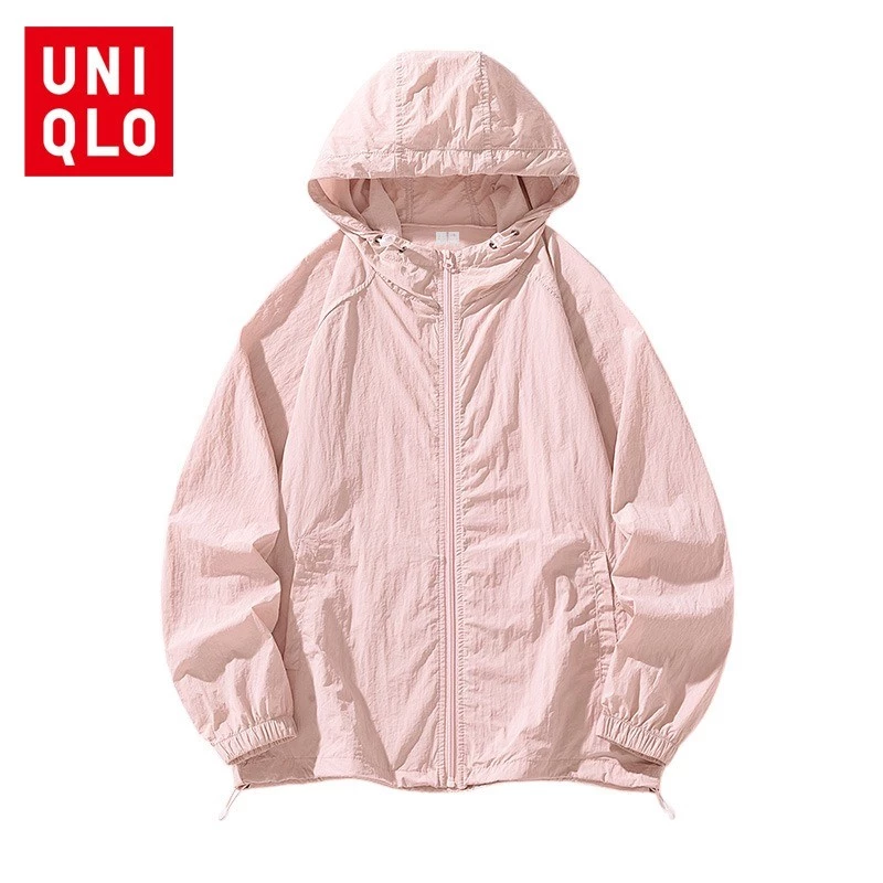 UNIQLO เสื้อผ้ากันแดด ยูวี ยูนิโคล่, เสื้อแจ็คเก็ตมีฮู้ดป้องกันรังสียูวีสําหรับผู้หญิงในฤดูร้อน, เสื้อแจ็คเก็ตซิป, เสื้อคลุมกลางแจ้งสีทึบ พร้อมจัดส่งด่วน